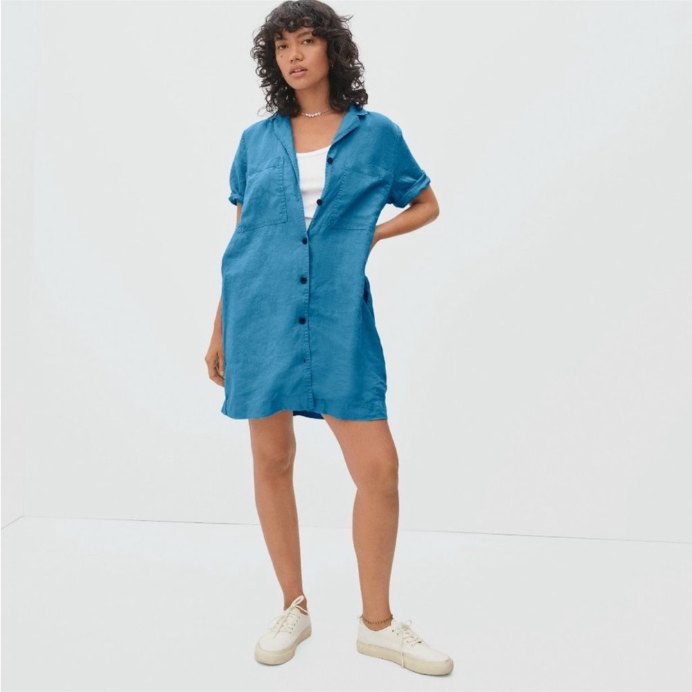 NWT Everlane Cool Linen Workwear Short Sleeve Mini Dress Blue Small